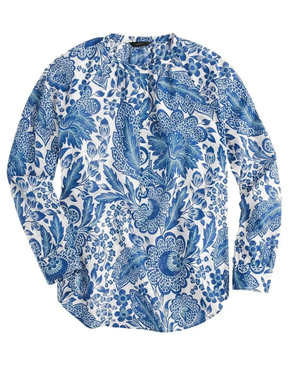 J. Crew Raglan Popover Shirt in blue & white floral paisley print cotton